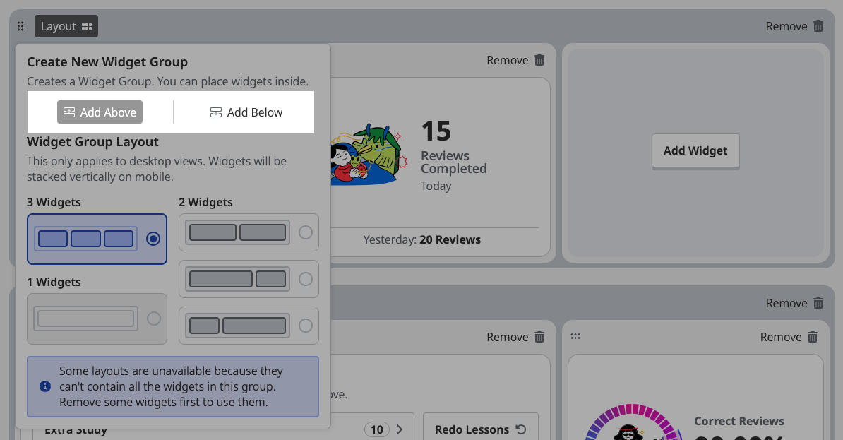 adding empty group on wanikani dashboard