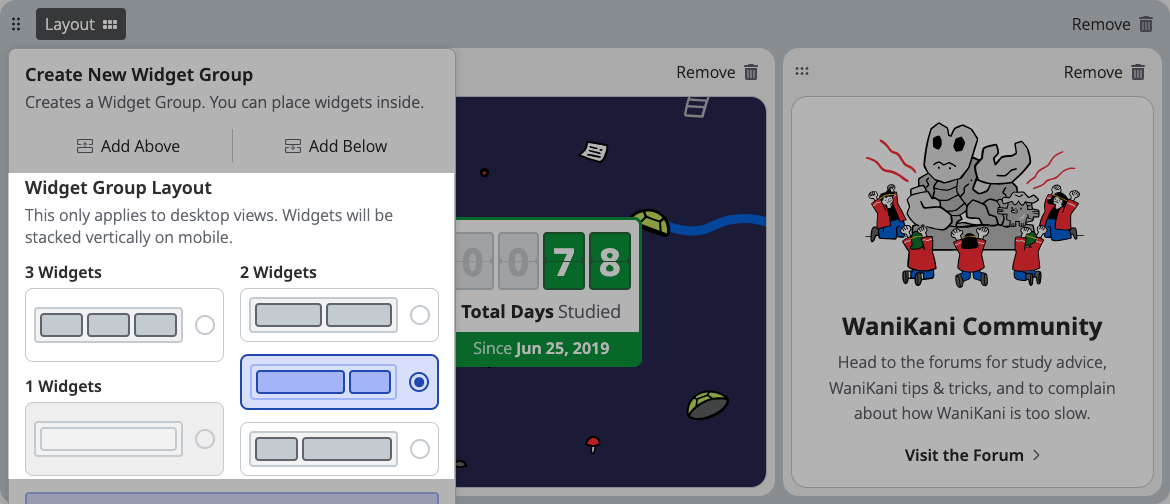 layout options on wanikani dashboard