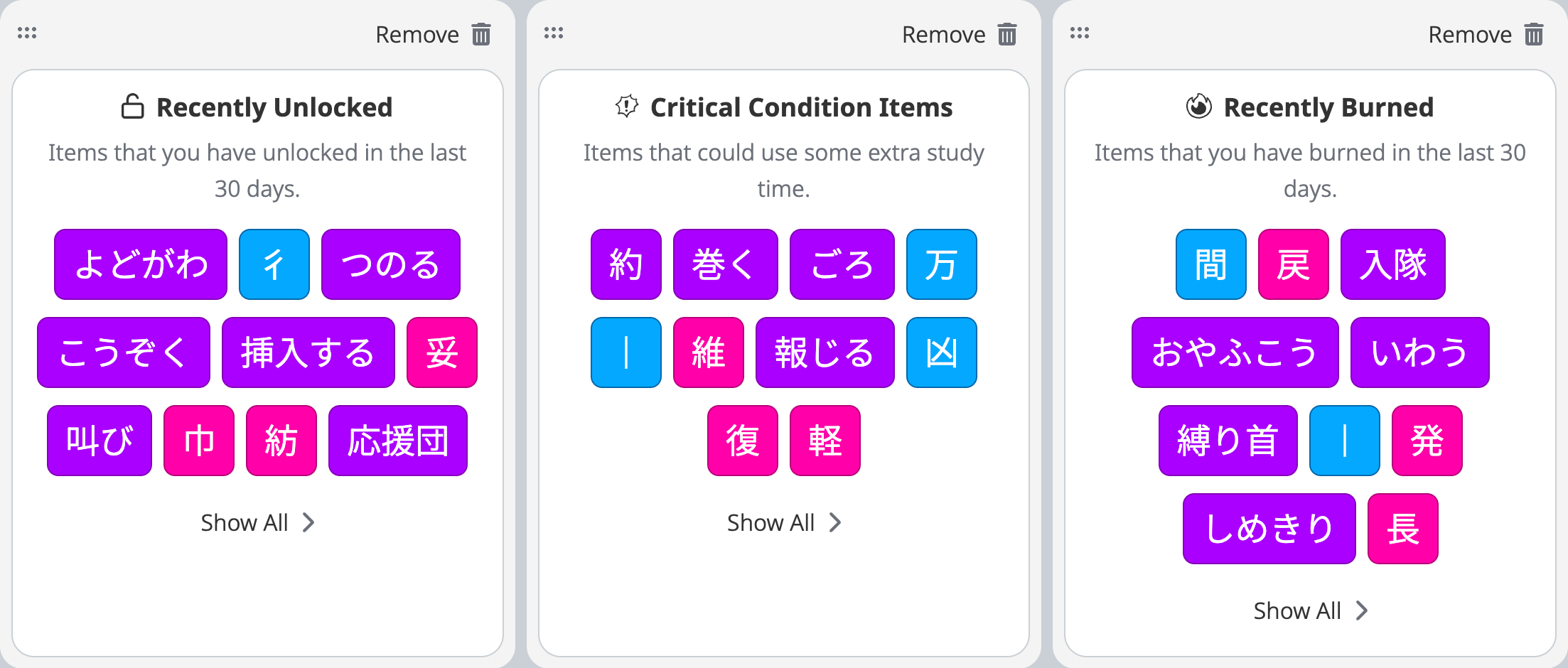 wanikani three variants of item lists widget