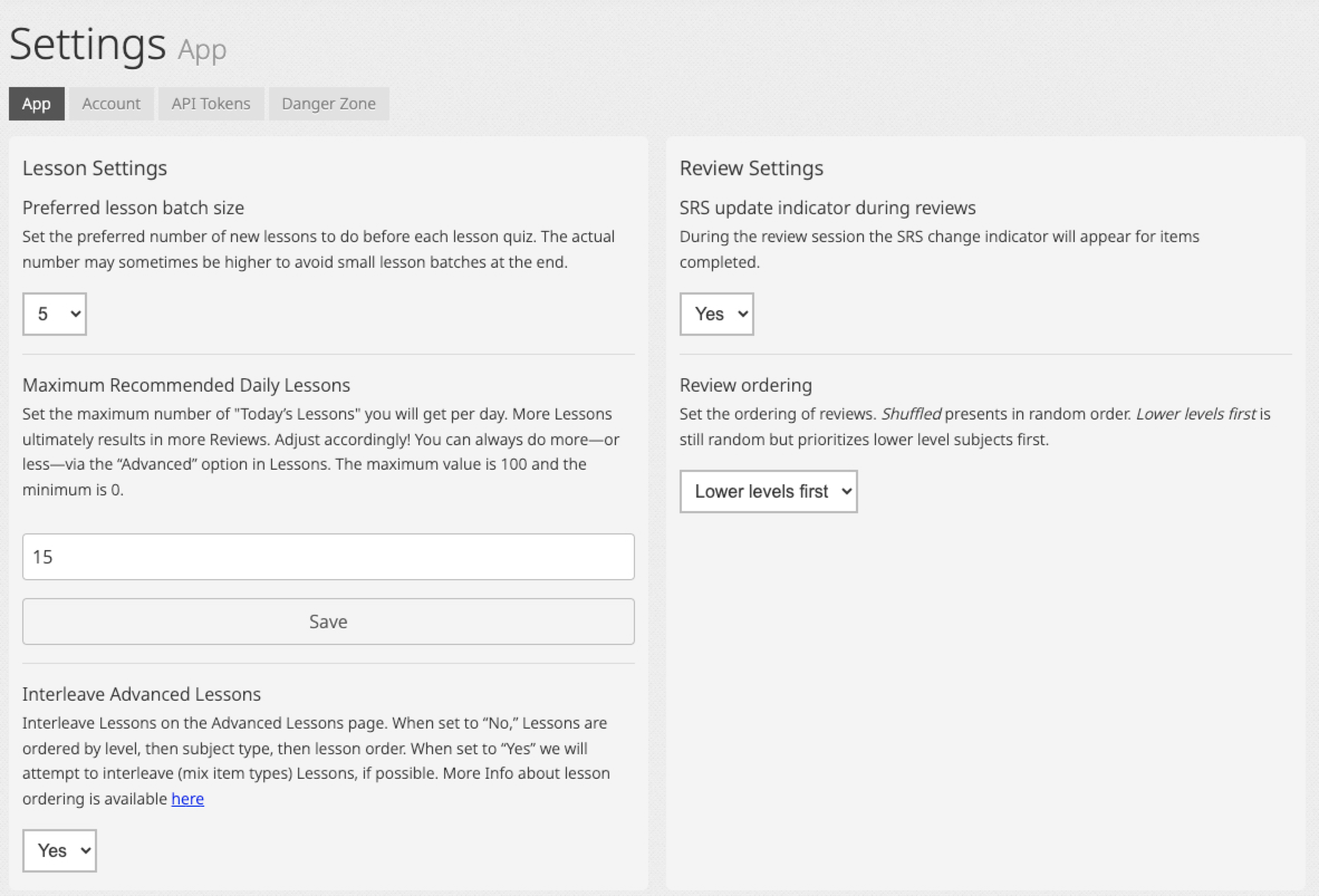 Lessons and Reviews Settings
