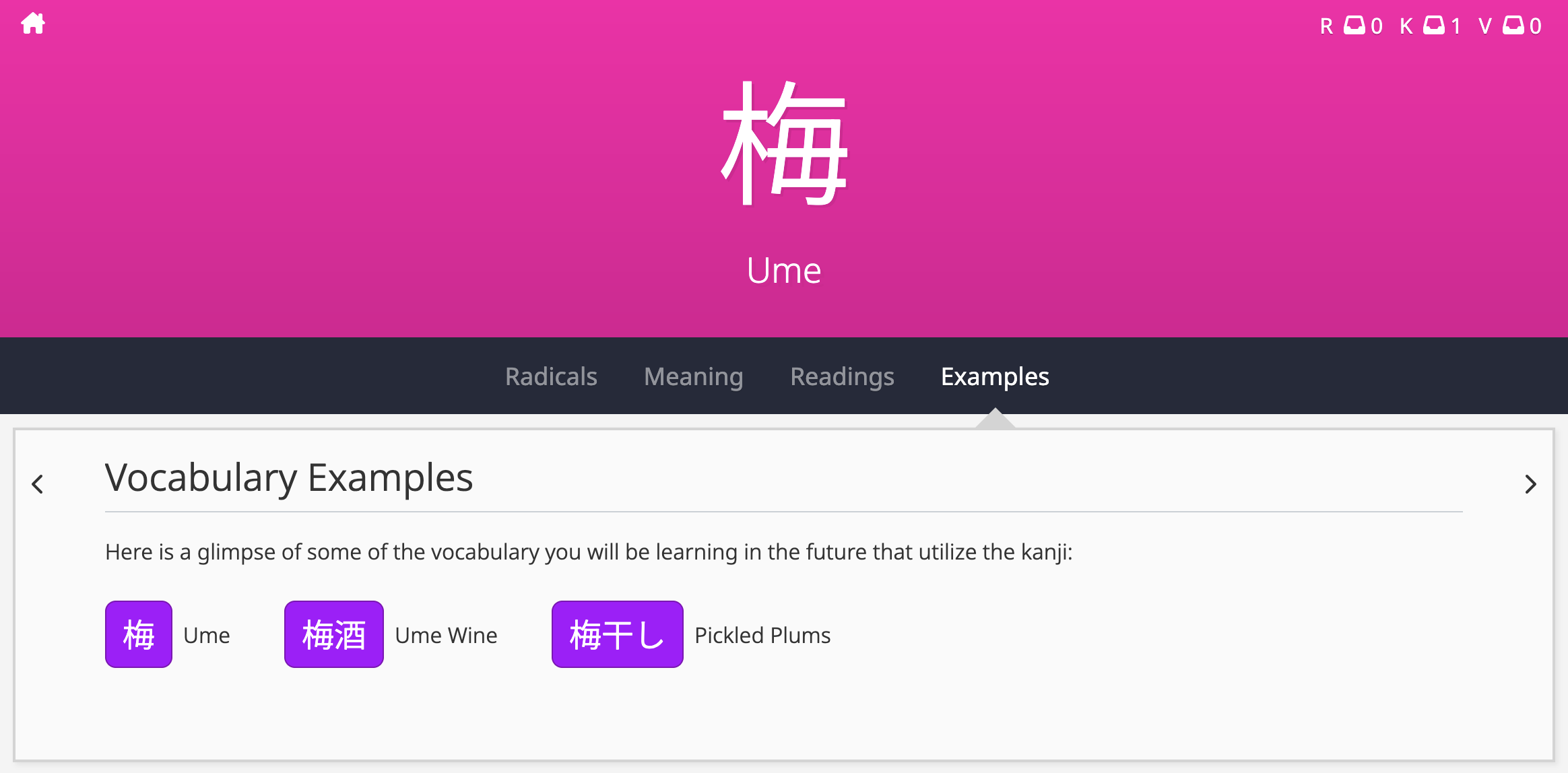 Kanji Lesson examples tab