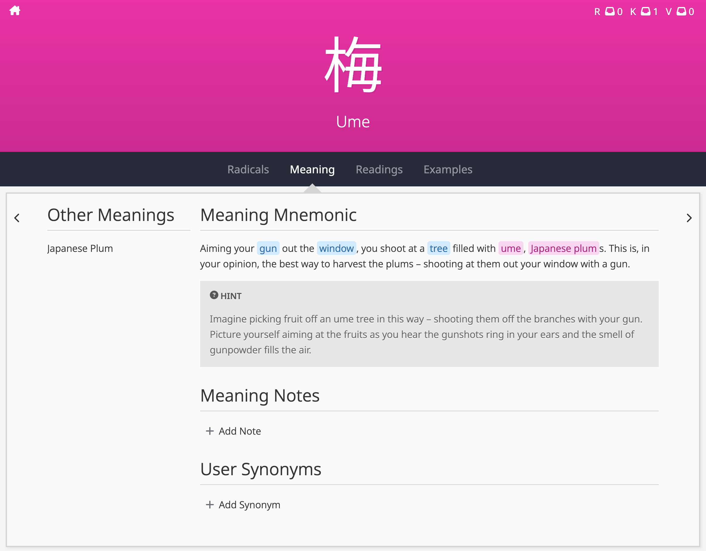 Kanji Lesson meaning tab